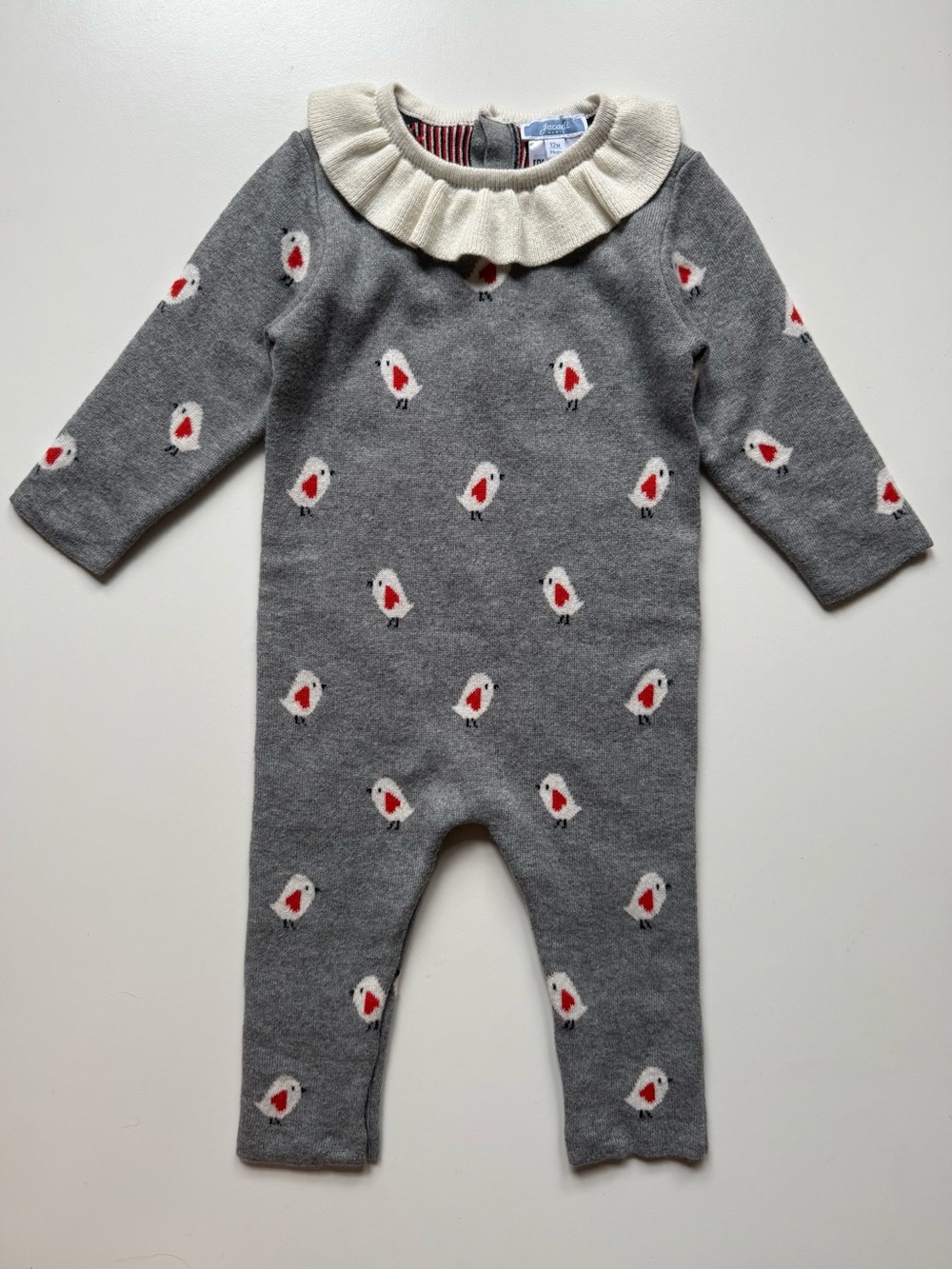 Jacadi Gray Knit One-Piece w/ Ivory Ruffle Collar & Valentine Bird Pattern - 12M